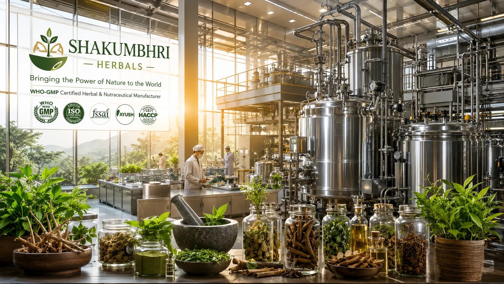 Shakumbhri Herbals WHO-GMP certified manufacturing facility with herbal raw materials and extraction tanks