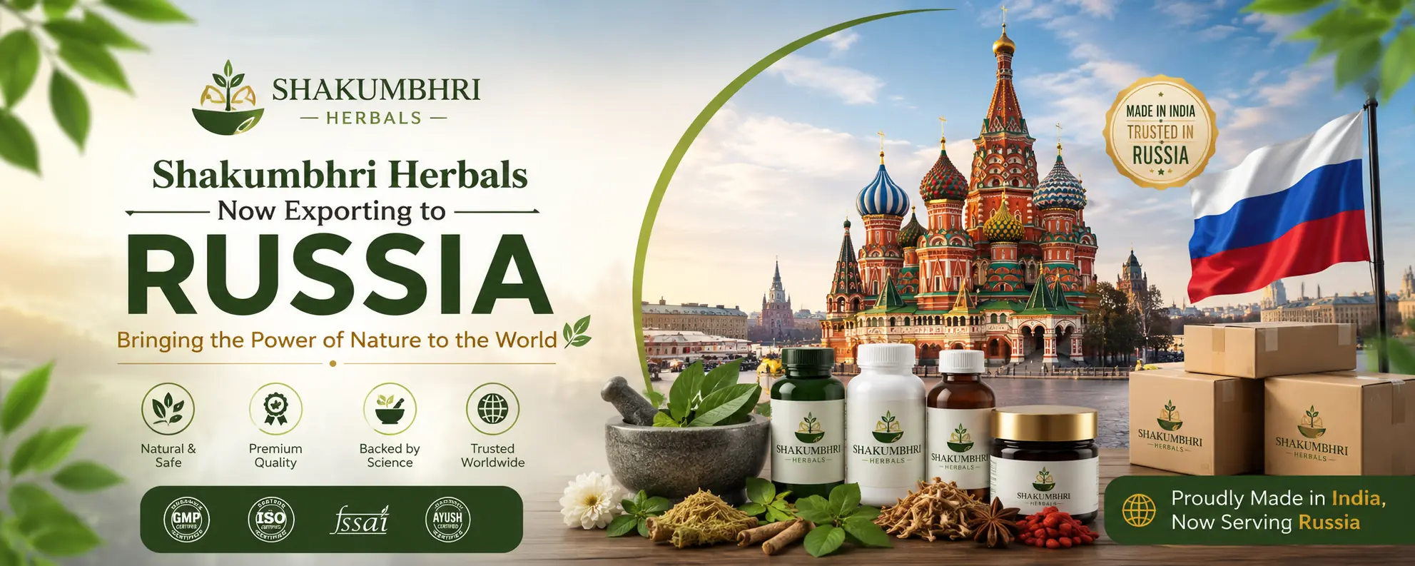 Shakumbhri Herbals Ayurvedic products with Saint Basil's Cathedral, Moscow, representing India-Russia herbal export