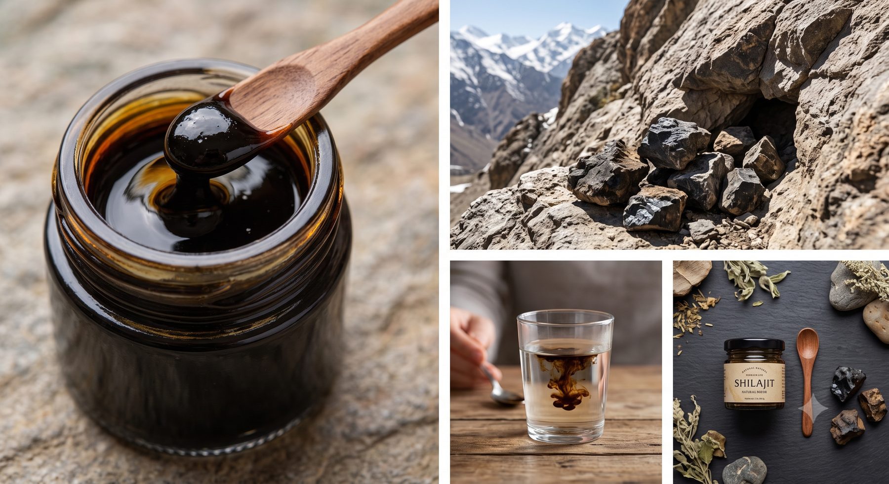 Shilajit Resin jar macro pour, raw resin on Himalayan rock, and water-dissolve purity test glass